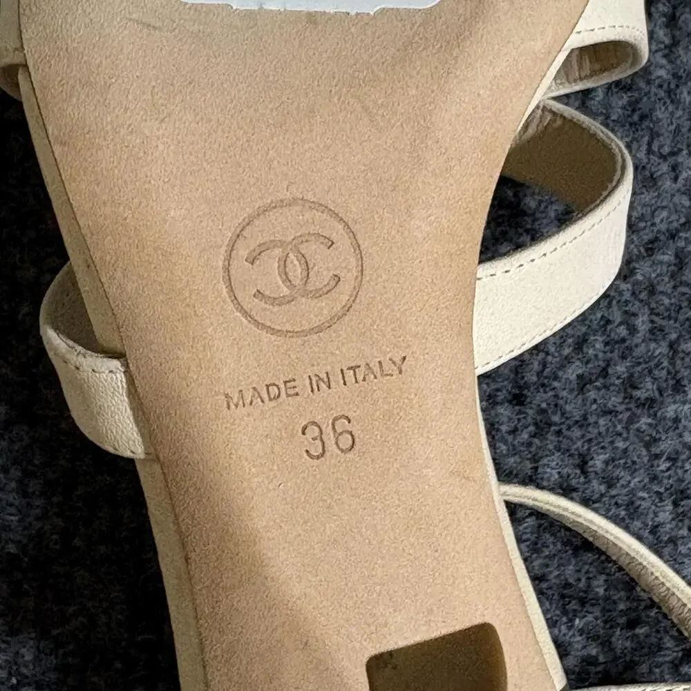 Chanel Strappy Sandals Womens 6 Beige Quilted Leather CC Logo Heels Italy